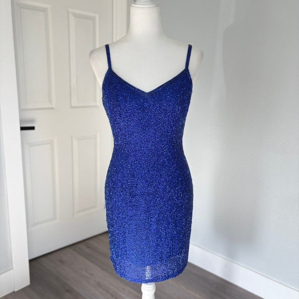 Vintage 90s Oleg Cassini royal blue fully beaded silk mini dress with open back